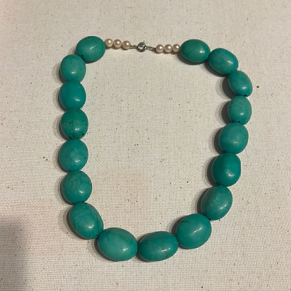 Genuine Natural Large Turquoise Gemstone Necklace with Pearl Beading